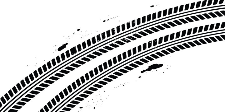 Curving black grunge tire tracks with dirt splatters on white background for racing vector illustration.
