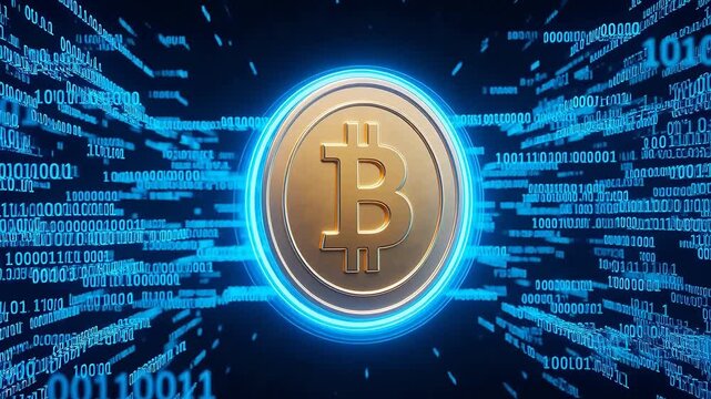 Golden Bitcoin coin with binary code