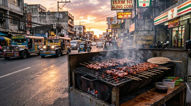 Smoky Street Bbq Grill with Isaw and Pork Skewers at Sunset