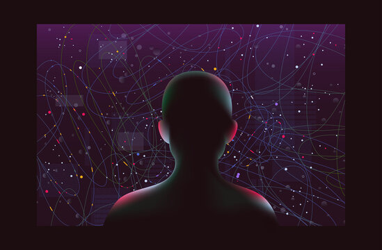 Human silhouette facing data network AI technology concept