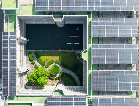 Aerial View School Campus Solar Rooftop Courtyard Garden