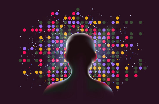 Human silhouette observing colorful data network visualization