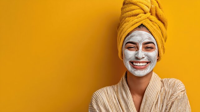 Happy woman with facial mask and towel on head smiling joyfully against bright yellow background in wellness spa setting