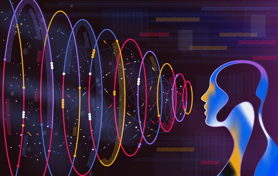 Abstract human head with data waves AI communication concept