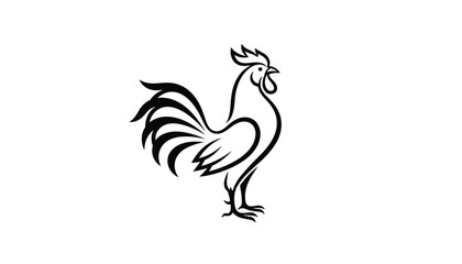 Fototapeta premium Minimalist black and white line art illustration of a proud rooster for farm animal or restaurant branding and logo design.