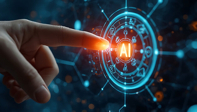 Human finger activating glowing AI interface with digital network connections and technology icons during innovation