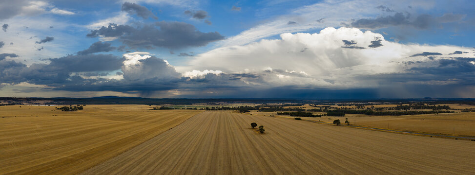 Heavy rain falling from a dramatic storm clouds over flat dry farmland