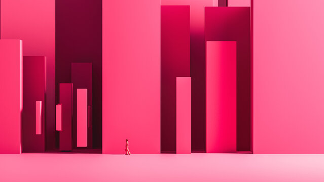 Businessman walks near buildings in a pink city