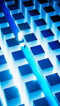 Man steps through door into new dimension with abstract background