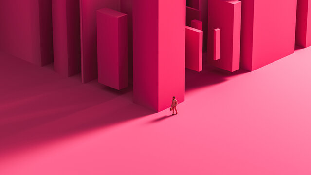 Businessman walks near buildings in a pink city