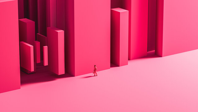 Businessman walks near buildings in a pink city
