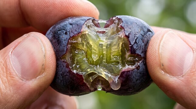 Squeezing a ripe purple grape to reveal the word "juicy" written in its translucent sweet pulp, a vibrant metaphor for the pure essence and bursting flavor of fresh organic fruit
