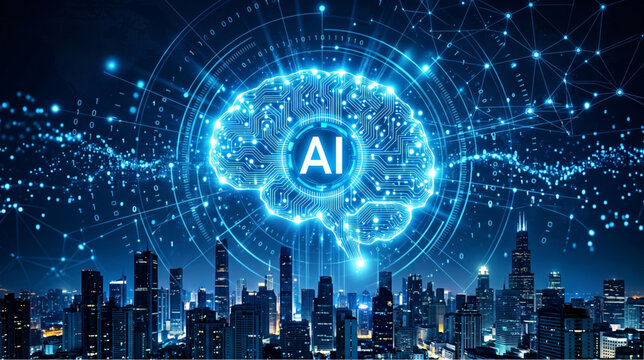 Artificial Intelligence AI Brain Graphic with Futuristic Smart City Skyline Background. Future Digital Transformation Technology Concept with AI Brain Over City at Night. 