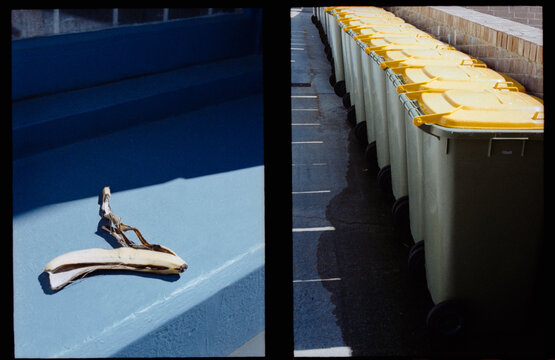 Diptych of Banana Peel on a Blue Surface Beside Yellow Trash Bins