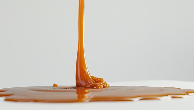 Stream of rich, golden-brown liquid flowing and pooling on a clean, light-colored surface