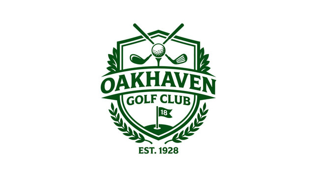 OakHaven Golf Club emblem with crossed clubs and ball, established 1928