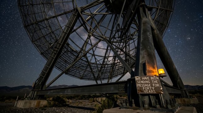 A colossal radio telescope under a starry night sky with a sign marking forty years of transmission, a powerful metaphor for humanity's enduring and lonely search for cosmic connection.