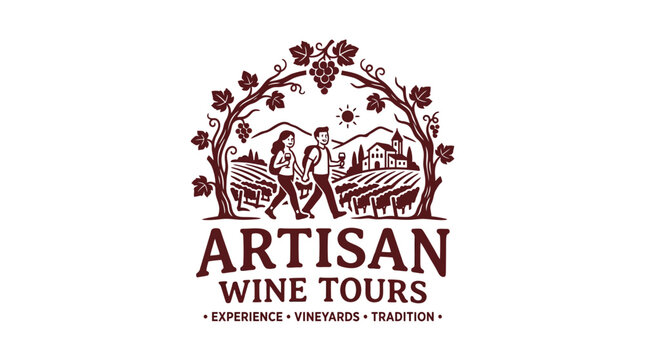 Artisan wine tours logo with vineyard scene and people walking