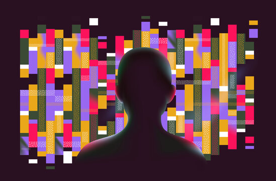 Human silhouette analyzing data blocks AI technology concept