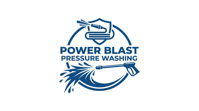 Power Blast Pressure Washing logo with shield and water spray graphic element