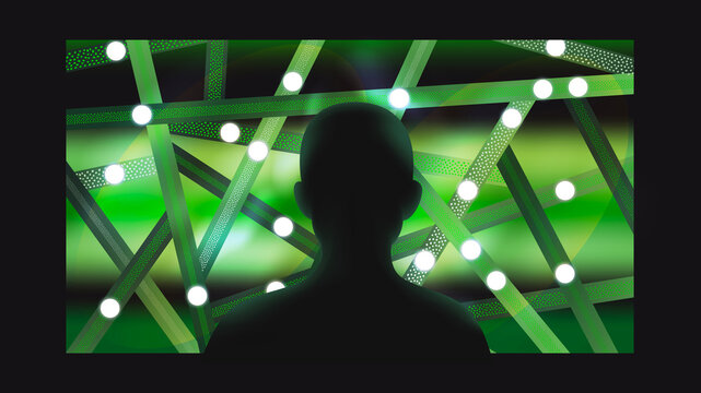 Human silhouette facing data network green AI technology concept