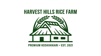 Fototapeta premium Farmhouse and rice stalks logo, vector graphic element for agricultural branding