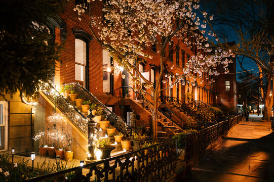 Brownstone row houses with cherry blossoms and lights at night