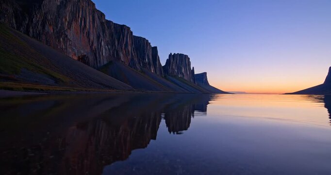 Serene twilight landscape reflecting majestic cliffs and calm waters at sunset