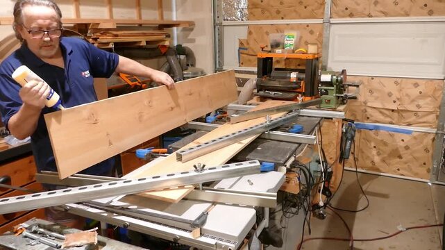 A woodworker glues wooden boards and clamps them together in a small garage workshop so the pieces bond properly during a panel glue-up.