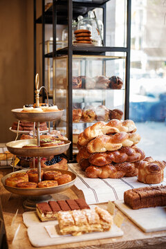 assortment of pastries on a bakery