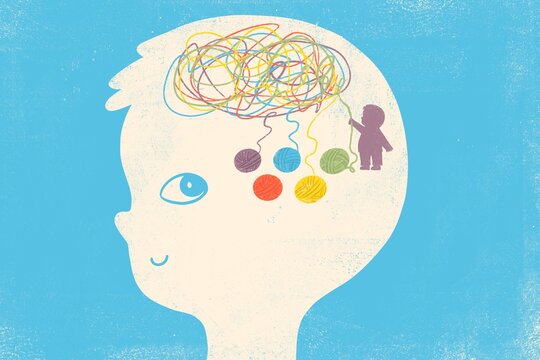 Child unraveling messy emotions into balls
