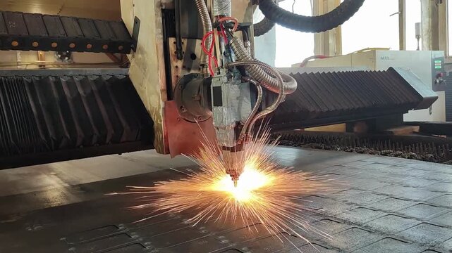 Industrial laser cutting machine in action on metal plate