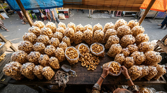 Traditional Javanese Pasar Market Stall Selling Kerupuk Rambak, Central Java Snack Market Abundance Landscape Orientation