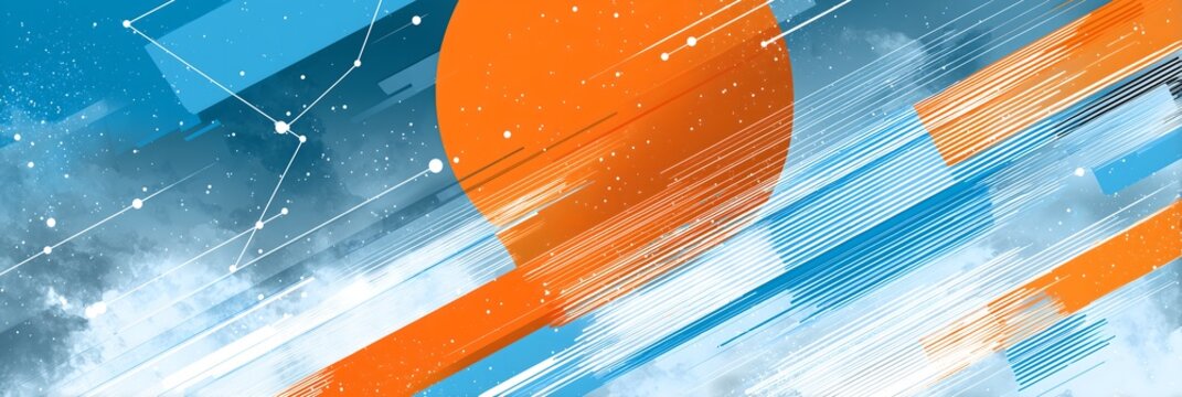 Dynamic slanted blue-orange brushstroke layers plus dotted cosmic geometry with soft mist cloud texture, vibrant energetic backdrop for sports Argentina soccer