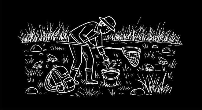 Person foraging in nature with bucket and net tool.