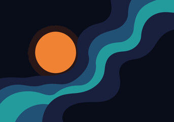 Flat Design Vector Illustration of a Glowing Moon with Craters and Abstract Blue Cosmic Waves in Outer Space © Leos