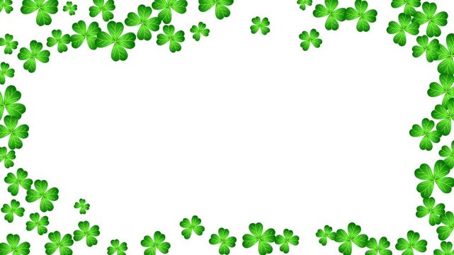 Saint patricks day greetings with festive green clover leaf pattern border, empty space in center and white background. Ideal for invitations, cards, social media posts, and decorations.