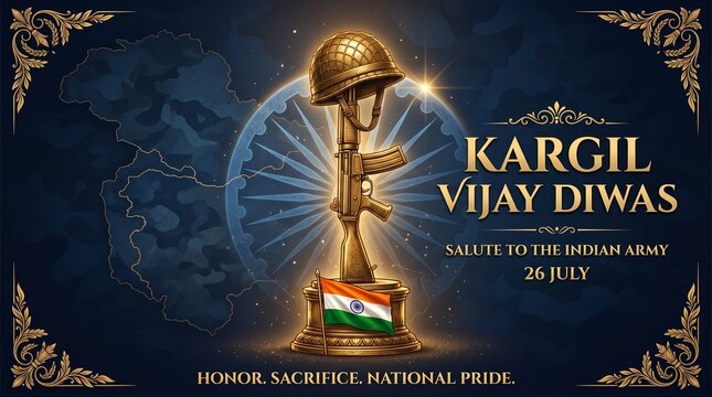 Kargil vijay diwas vector illustration with golden soldier memorial and Ashoka Chakra on dark background for Indian army honor tribute banner