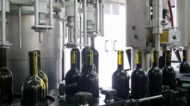 Wine bottles on a production line in a factory setting with machinery