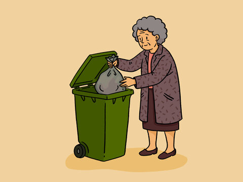 Elderly woman disposing of trash bag in a garbage bin