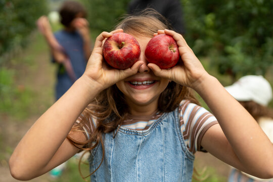 Playful child holding apples over eyes in orchard