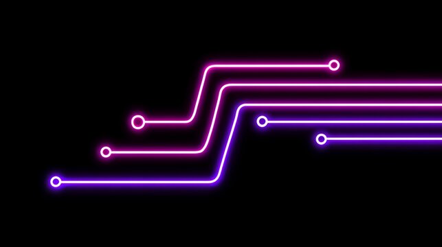 Glowing Purple and Pink Neon Circuit Traces for High Speed Data Transmission and Fiber Optic Tech Concept on Black Background
