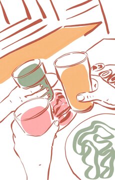 Three hands holding drinks and clinking glasses
