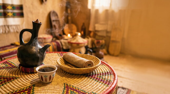 Ethiopian coffee ceremony, steaming jebena and finjal with injera on woven mesob, cultural hospitality experience.