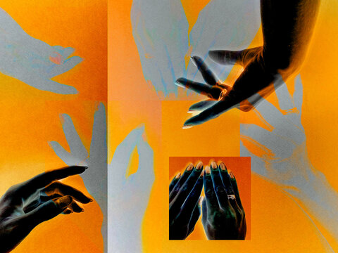 Hands interacting and reaching out in bright colors