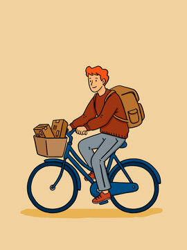 Courier delivering packages by bicycle, eco-friendly transportation
