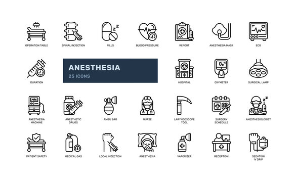 Anesthesia Medical Icon Set Line Outline Style for Healthcare and Hospital App