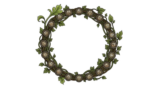 Mystical Rune Wreath with Green Leaves, Ancient Symbols Circle