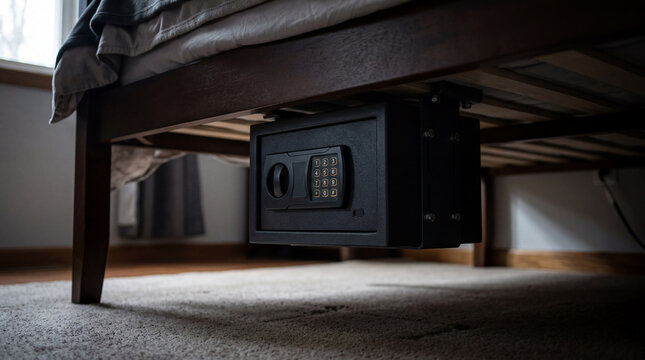 Compact steel gun safe box discreetly mounted beneath bedroom frame structure for secure hidden protection