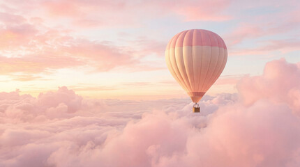 Fototapeta premium Beautiful hot air balloon floating gracefully through soft pink sunset clouds in ethereal dreamlike sky.
